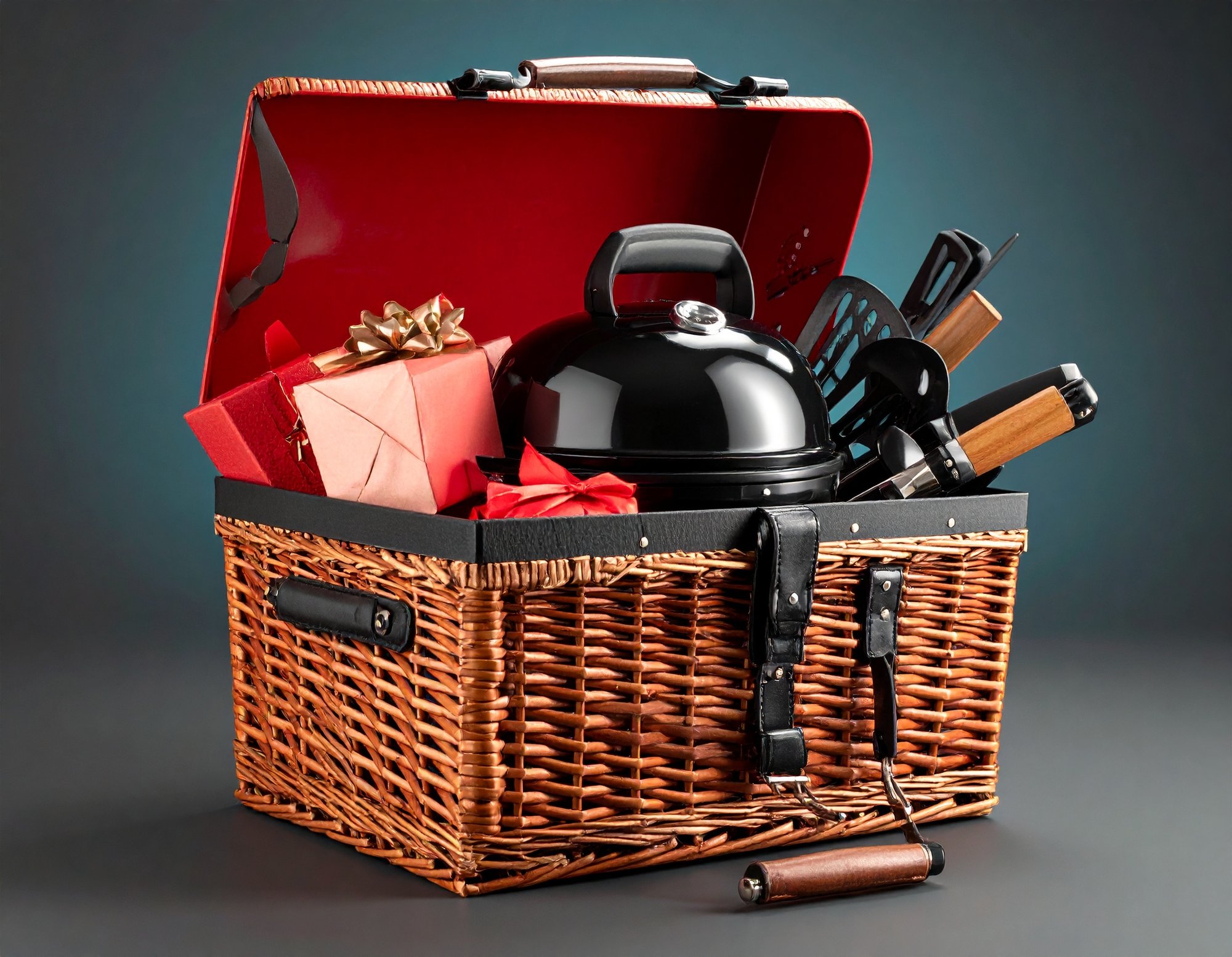 Firefly_small kettle grill as a gift basket with other grilling items inside 323853